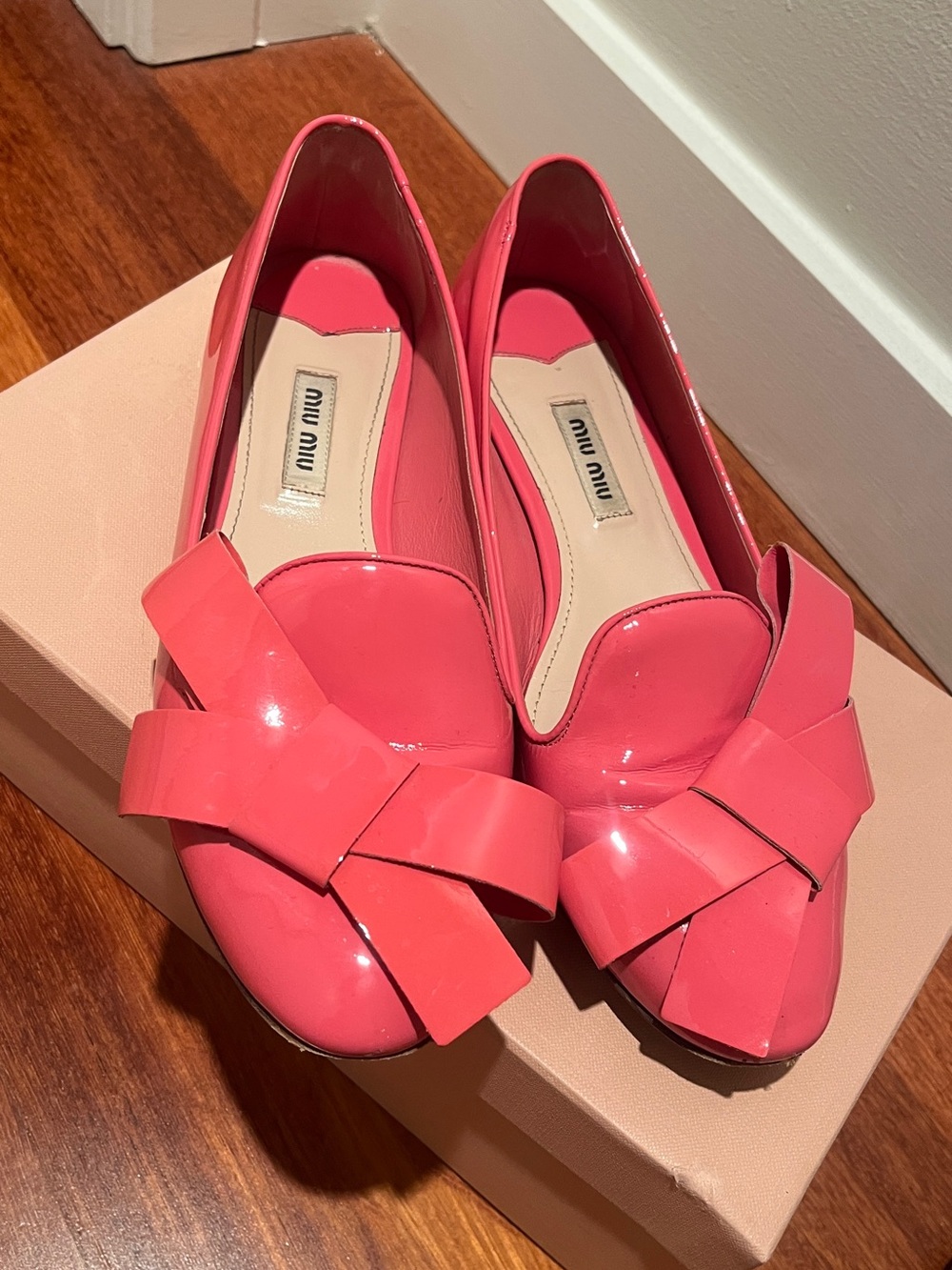 Miu Miu Pink Patent Bow Crystal Heel Ballet Flats 38.5 US 8.5